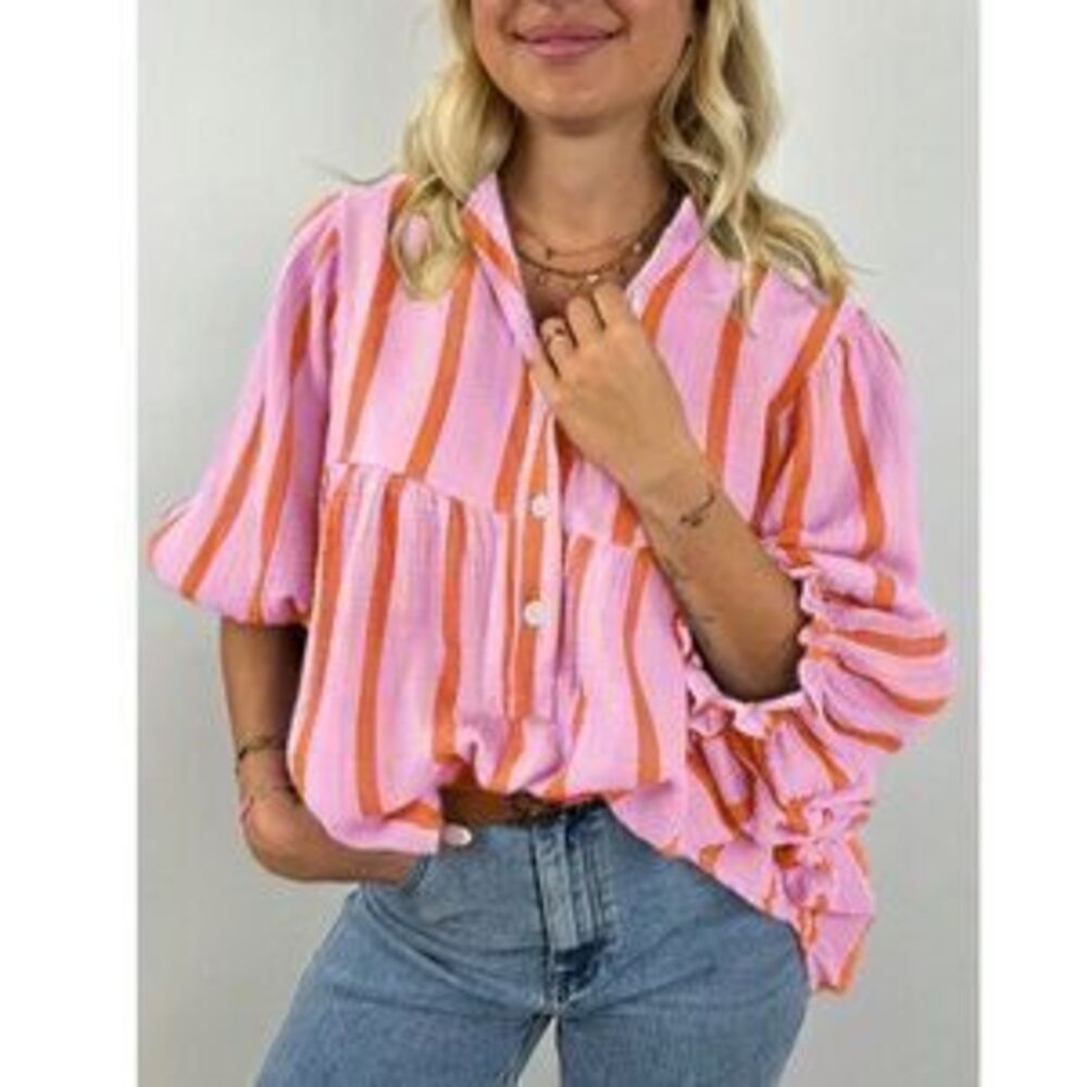 Pink with Red Stripes Oversized Button Down Shirt Batwing Sleeve - Picture 2 of 3